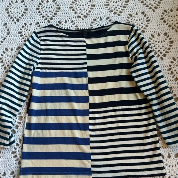 J. Crew Teal Royal Navy Cream Stripe Top Blouse Women Size S Modern Classic - Picture 4 of 7